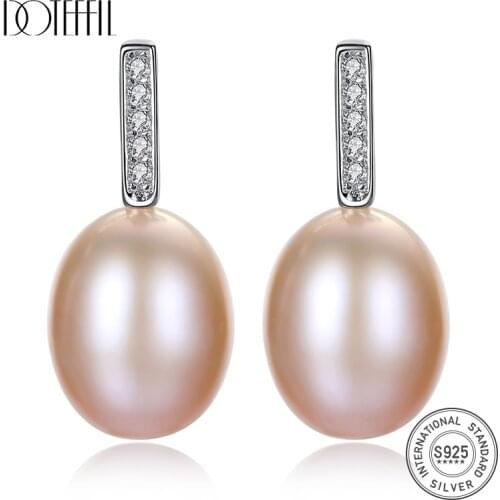 DOTEFFIL White/Pink/Purple 8mm Pearl 925 Sterling Silver AAA Zircon Earrings For Women Wedding Engagement Charm Jewelry