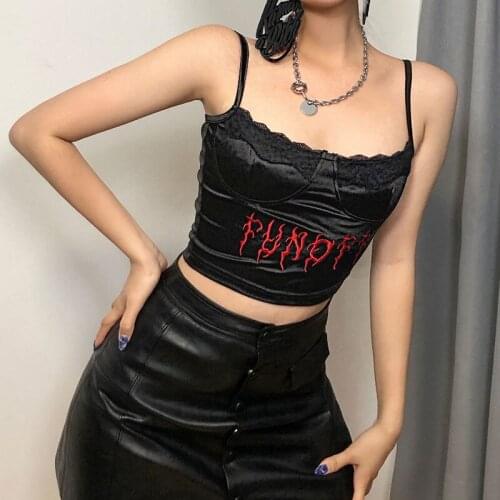 2021 European And American Dark Style Fashion Letter Embroidery Lace Side Suspender Vest Womens Hot Girl Top Short Slim Exposed