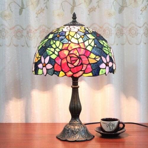 Tiffany lamp European retro luxury glass handmade red rose bed bedroom bedside lamp