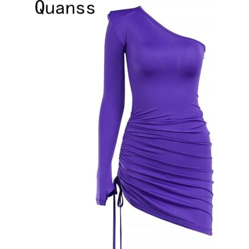 Quanss Summer One Shoulder Long Sleeve Sexy Bodycon Mini Dress Women 2021 Fashion Streetwear Club Shirring Short Dresses