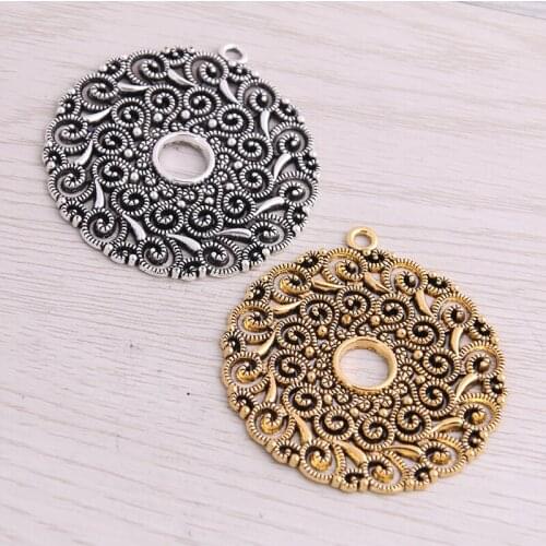 SWEET BELL 4pcs 49*53mm Two Color Plated Big Round Hollow Pattern Pendants Making DIY Handmade Tibetan Finding Jewelry