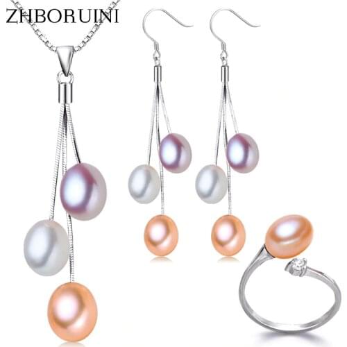 ZHBORUIN 2019 Fashion Pearl Jewelry Set Multicolour Freshwater Pearl Necklace Earrings 925 Sterling Silver Jewelry Set For Women