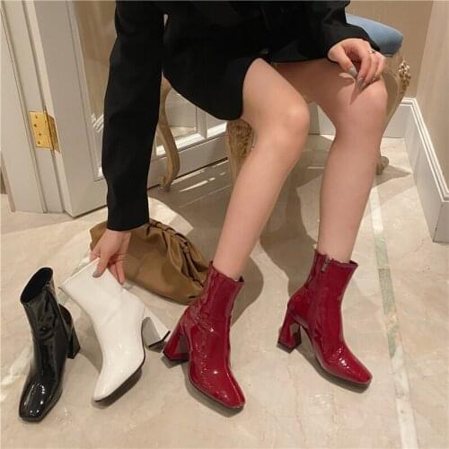 2021 autumn and winter new square toe soft leather thick heel all-match slim fashion high-heel ankle boots