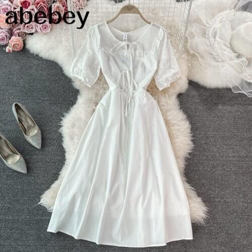 2021 New Summer French temperament O-neck short sleeve Dress high waist lace up ruched waist solid A-line Dress