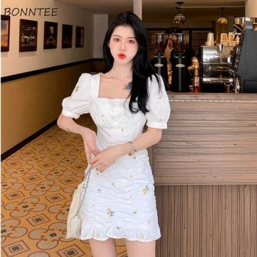 Dress Women Chic Floral Simple Sweet Folds Elegant Fairy Slim A-line French Square Collar Vintage Leisure Ladies Abdomen Trendy