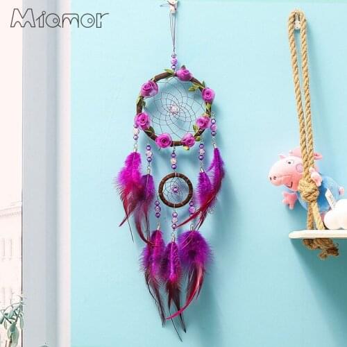 MIAMOR Double Ring Dreamcatcher with Purple Flower & Feather Bar & Cafe Party Pendant Home Wall Hanging Decorations Gift Amor186
