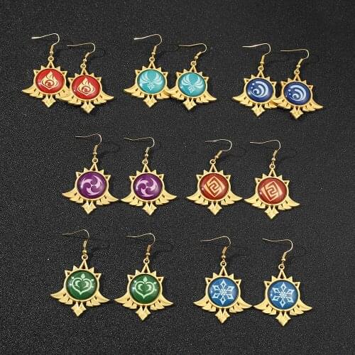 Hot Game Genshin Impact Earrings Japenese Anime Round Eye of God Water Wind Thunder Fire Rock Ice Element Pendant Earring
