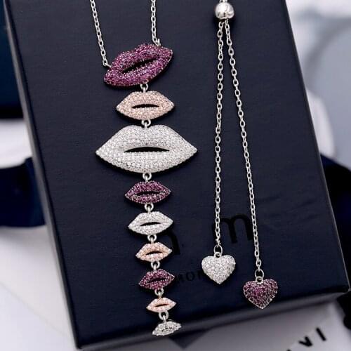 European and American Micro Inlaid Zircon Multi Color Red Lip Necklace for Women
