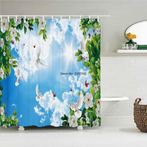 Sunny Blue Sky White Clouds landscape Shower Curtain With Hooks Waterproof Fabric Pigeon Birds Scenery Decor Bathroom Curtains