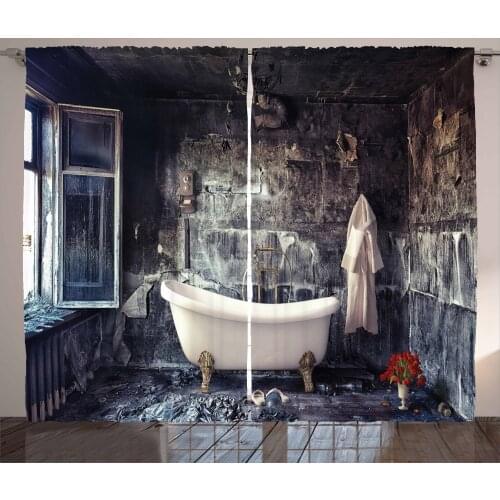 Rustic Curtains Grunge Walls Bath Tub Interior Photo Satin Fabric Drapes for Living Room Bedroom 2 Panel Window Set