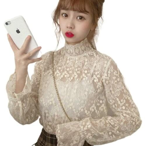 Korean Style Stand Collar Lace Mesh Blouse Women New Long Sleeve Elegant Fashion Lady Solid Tops Sweet Clothing Blusas