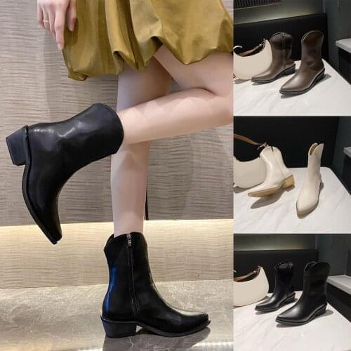 2021 Fashion Women Solid Color Leather Square Heels Zipper Short Booties Pointed Toe Shoes Autumn Winter Boots botas femininas