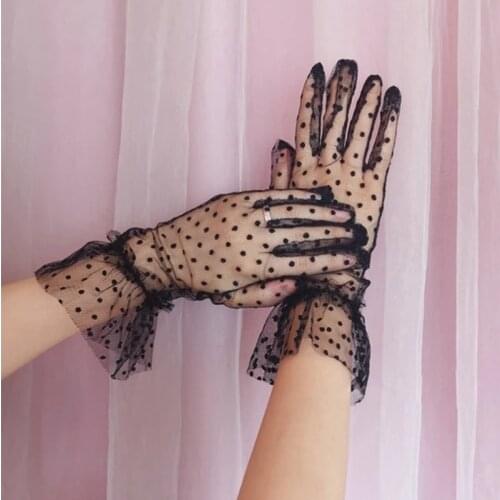 Women Sheer Lace Short Tulle Full Finger Gloves Vintage Polka Dot Ruffled Trim Mesh Wedding Prom Evening Party Mittens