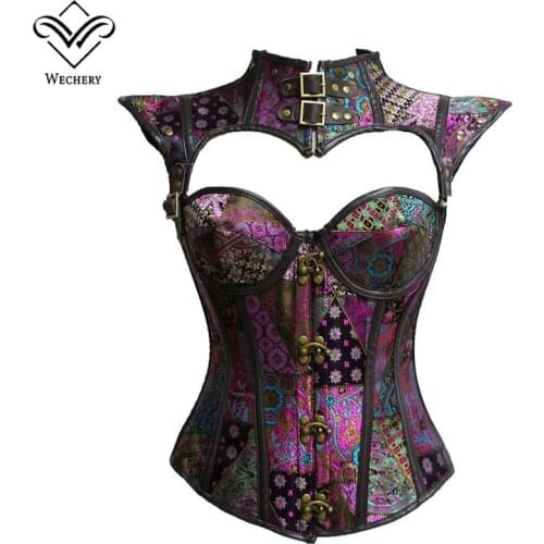 Wechery Steampunk Corset Women Sexy Gothic Corselet Lace Up Button Bustiers Korset Retro Slim Gorset Plus Size Vintage Tops