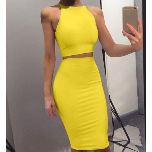 Sexy Two Piece Set O neck Sleeveless Crop Top Knee-Length Skirt Set Party Clothing Sets Outfit Women Two Piece Spring Outfits