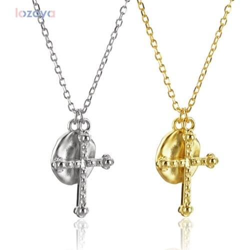 LOZOYA 925 Sterling Silver Gold Irregular Gold Rock Coins Cross Pendant Necklace Long Chains Punk Women Jewelry in Fashion