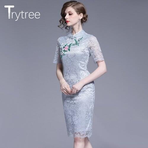 Trytree Summer Dress Elegant Mandarin Collar Button Embroidery Floral Lace women dresses Casual Sheath Knee-Length Grey Dress