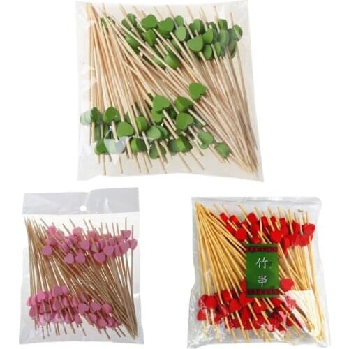 100Pcs 12cm Disposable Bamboo Heart Skewers Fruit Dessert Cake Sign Cocktail Picks Cute Food Sticks Buffet Cupcake Toppers Party
