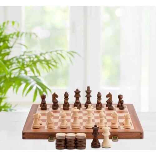 15 Inches Classic Mahogany Wooden Chess & Checkers Foldable Chessboard Handcrafted Chess Pieces Storage Case Travel Game
