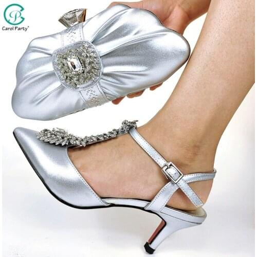2021 Lastest SIlver Color Crystal Italian Design Elegant Style Ladies Shoes and Bag Set Decorated With Rhinestone for Party