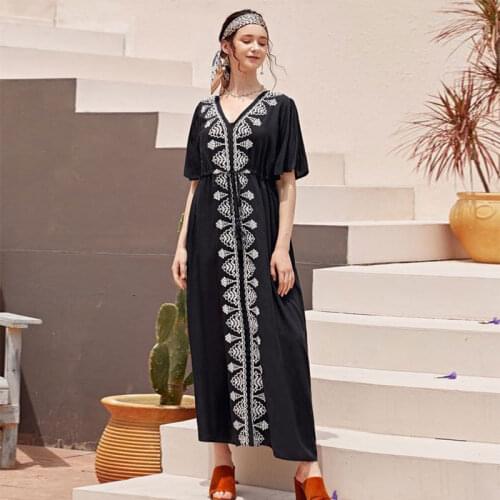 2021 Elegant Embroidered Black Cotton Tunic Women Beachwear Kaftan Sexy V-Neck Butterfly Sleeve Summer Dress Beach CoverUp Q1042