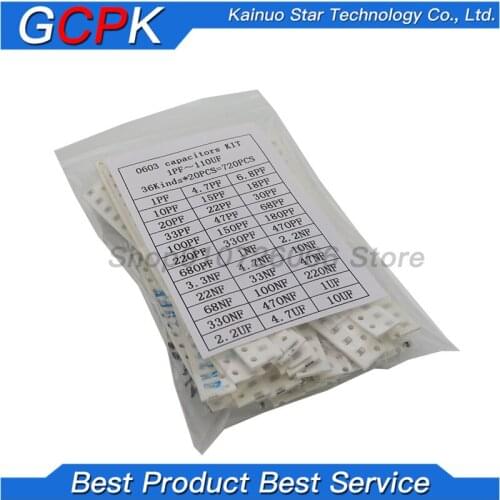 36values*20pcs=720pcs 0603 SMD Capacitor assorted kit 1pF~10uf component diy samples kit new and original