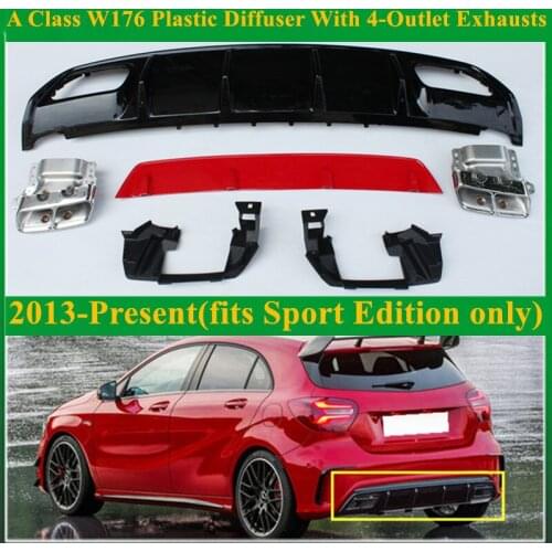 ABS A45 AMG Diffuser + 304 Stainless Steel 4-Outlet Exhaust Tip Fits Mercedes W176 2013 - IN Sport Edition A Class A180 A200