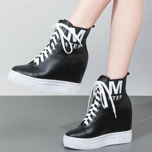 Fashion Sneakers Women Lace Up Genuine Leather Wedges High Heel Ankle Boots Female Winter Round Toe Platform Pumps Casual Shoes