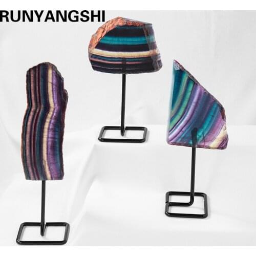 Natural Rainbow Fluorite Decorative board Stripe crystal fluorite irregular Reiki Gem stone for Home table decoration