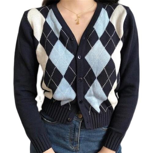 Women Vintage V-Neck Plaid Long Sleeve Sweater 2020 Autumn Winter Short Knitted Cardigan Sweaters Check Cardigan Coat