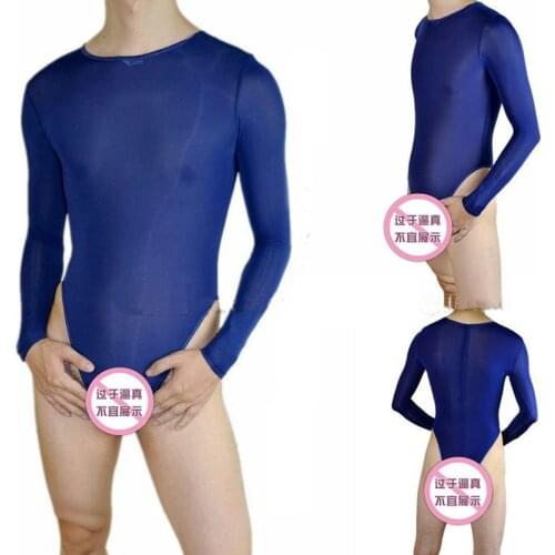 Brand hot Sexy panties mens underwear male viscose triangle translucent fork bodysuit jumpsuit long sleeve