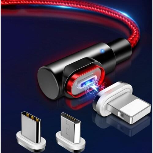 90 Degree Magnetic Charging Micro USB Type C Cable For iPhone X Xiaomi Huawei 3A Mobile Phone Magnet Charger Quick USBC Led Wire