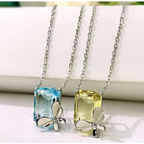 Fashion 925 Sterling Silver Emerald Cut Aquamarine Gemstone Party Romantic Bowknot Clavicle Pendant Necklace Fine Jewelry Gift