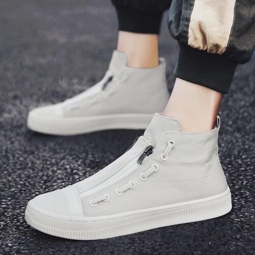 2021 Spring Autumn High Quality Leather Casual Shoes Men Buckle Ankle Fashion High Top Male Sneakers Zip Canvas Shoes