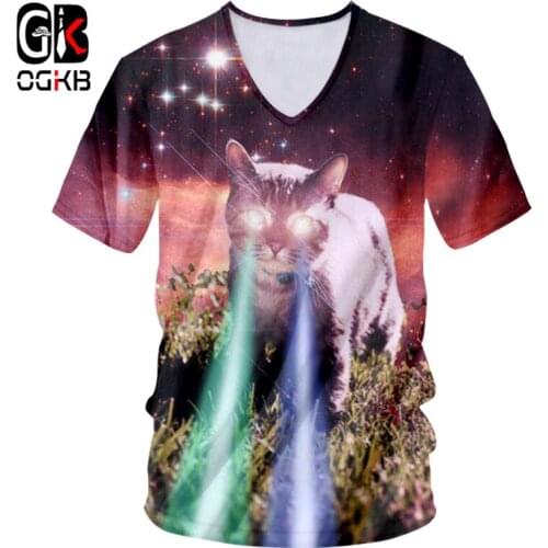 OGKB New Arrival Mens V Neck Tshirt Funny Print Galaxy Space 3D T-shirts Cat Flash Light T Shirts Man Hiphop Streetwear
