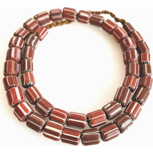 Dark Red Strip Barrel Safron Beads Strand Necklace Nepal Hand Antiqued Trade Lampwork Beads TSB0108