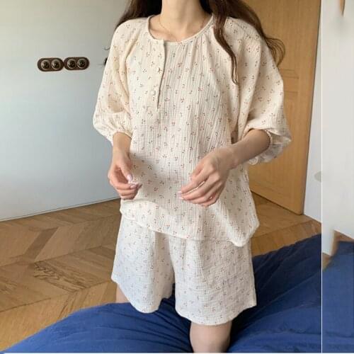 Women Summer Shivering Cherry Print Pajamas Set Pastoral Comfortable Homewear Short Sleeve Shorts 2pcs Casual Sleepwear