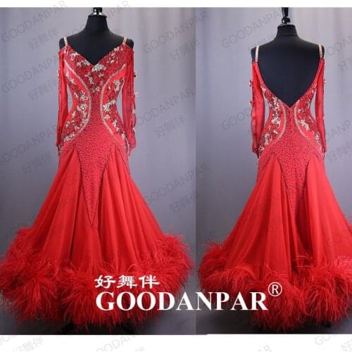 GOODANPAR ballroom dance dresses woman standard dance dresses v neck Long Sleeve red ostrich feathers costume for lady grils