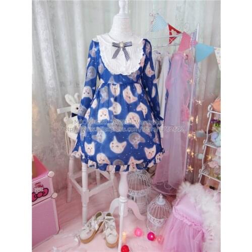 Super Cute Star Night Cat Pattern Peter Pan Collar Lolita Dress Dolly Princess Dress with Bow Chest Pin