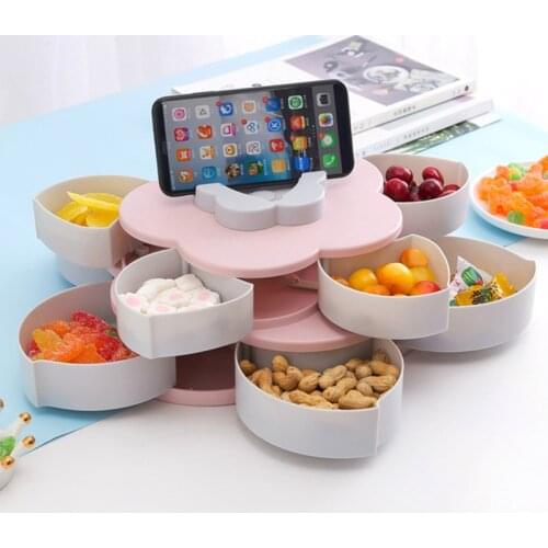 Double Rotation Dried Fruit Bowl Snack Storage Plates for Food Set Dish Serving Sweets Petal Shape with Mobile Phone Holder