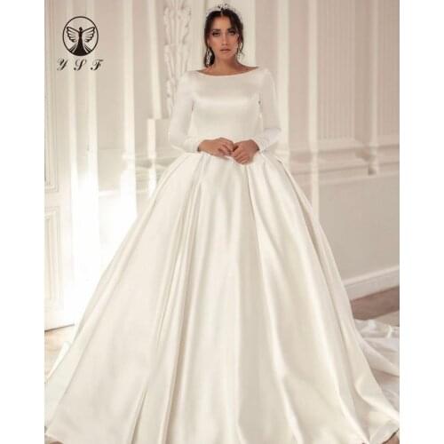 Simple but Elegant Robe De Mariee O Neck Backless Long Sleeve Pleated Ball Gown Wedding Dresses 2021
