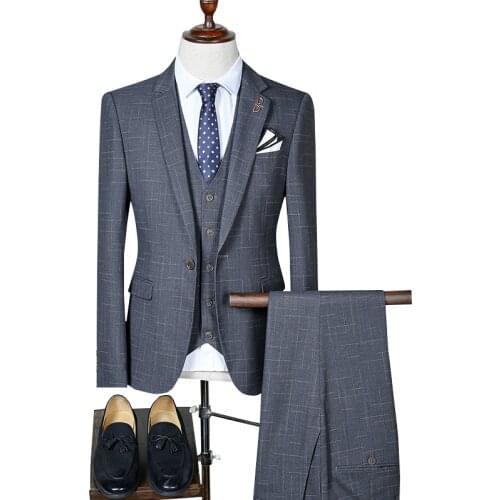 Blazer+Pants+Vest) Luxury Men Suit 3 Piece Set Fashion Boutique Lattice Groom Wedding Dress Mens Tuxedo Men Banquet Club Dress