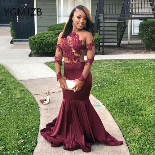 Sexy Long Evening Dresses 2019 Mermaid Sheer Long Sleeve Beaded Appliques Lace Backless African Women Formal Dress Party Dress