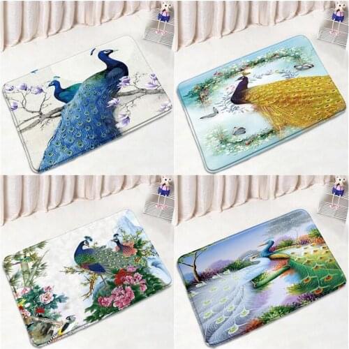 Blue Peacocks Bath Mats Green Bamboo Flowers Chinese Style Bird Door Pad Entrance Bedroom Floor Mat Non-slip Rugs Bathroom Decor