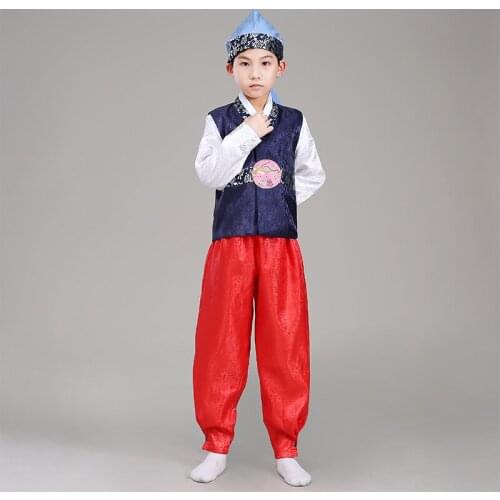 Boy Korean Traditional Costumes Children Hanbok Clothing with Hat Korean Ancient Costume Children Performance Dance Clothes