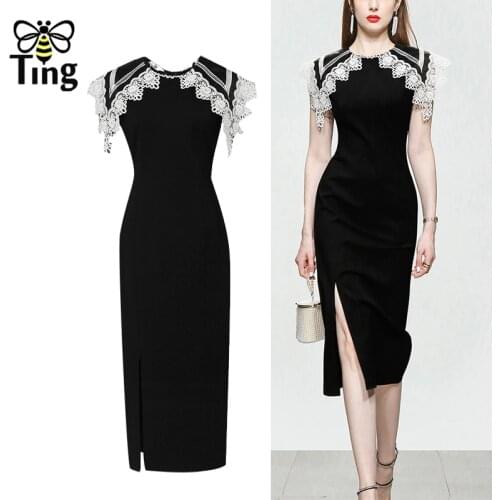 Tingfly Vintage Elegant Lace Lapel Collar Sheath Black Dress Sexy Side Split Midi Summer Black Dresses for Party Vestidos Traf