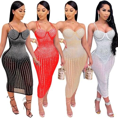 X3805 Hot Sale Summer Diamond Dresses Halter Strap See Through Night Sexy Club Wear