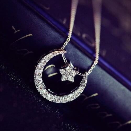 Cute Female Small Moon Star Pendant Necklace 925 Sterling Silver Chain Necklaces For Women Charm Vintage Wedding Necklace