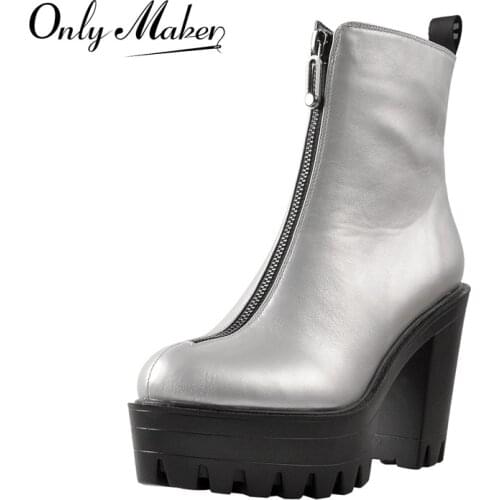 Onlymaker 2021 Concise Womens Silver PU Ankle Booties Platform Chunky High Heel Soft PU Leather Double Zippers Large Size