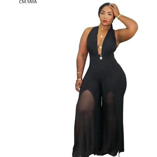 CM.YAYA Women Plus Size XL-5XL Halter Deep V-neck Sleeveless Straight Jumpsuit Streetwear Sexy Club One Piece Overall Rompers